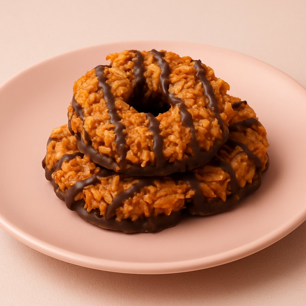 Samoas cookies with caramel and coconut on a blush-pink plate.